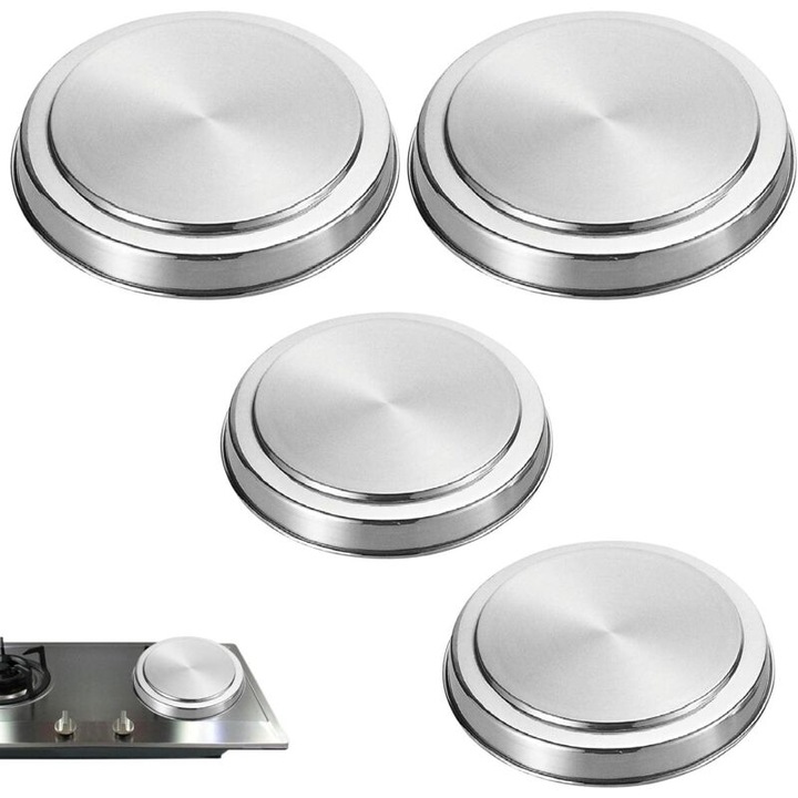 Set 4 Capace Rotunde pentru Aragaz, Protector din Otel Inoxidabil, 17x21cm, Culoare Argintie