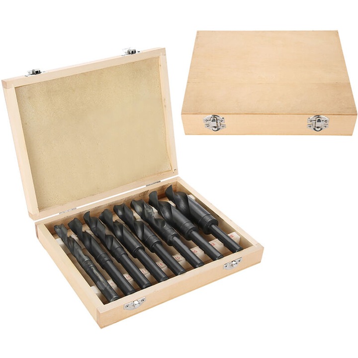 Set 8 burghie din otel carbon tratat termic, 14/16/17/18/19/20/22/25 mm, finisaj oxid negru, cutie din lemn