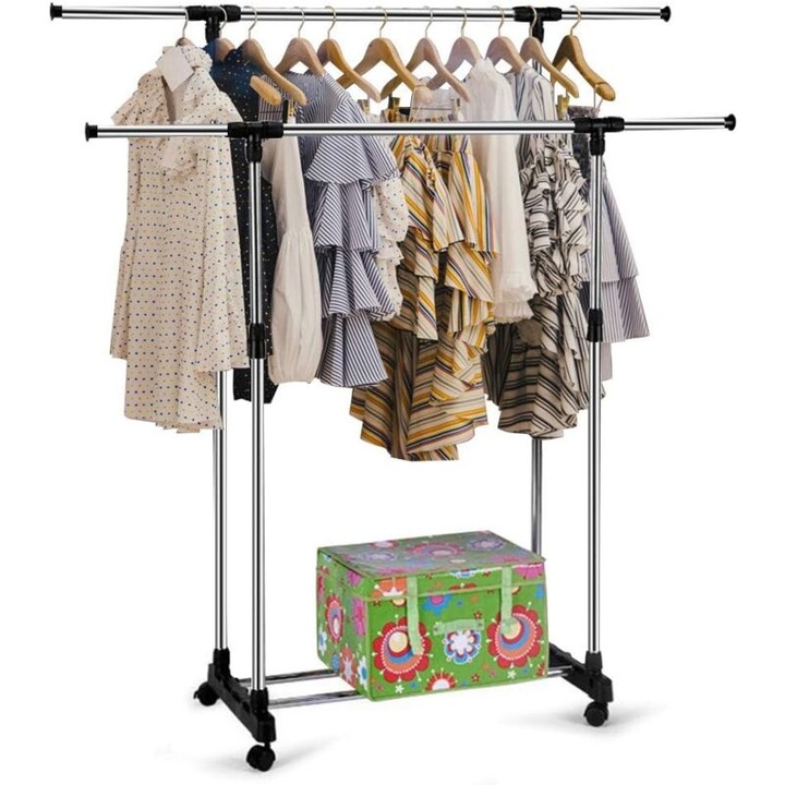Suport pentru haine mobil, inox si PP, ajustabil 80-155cm x 82-151cm, cu roti, set