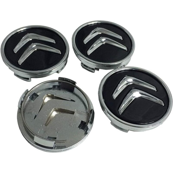 Set 4 Capace Centrale 60mm pentru Citroen C2 C3 C4 C5 Elysee Berlingo Xsara Picasso Saxo DS3 DS4 DS6, ABS, Argintiu/Negru