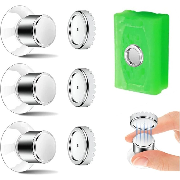 Set de 3 suporturi magnetice pentru sapun, fixare cu ventuze, inox, argintiu