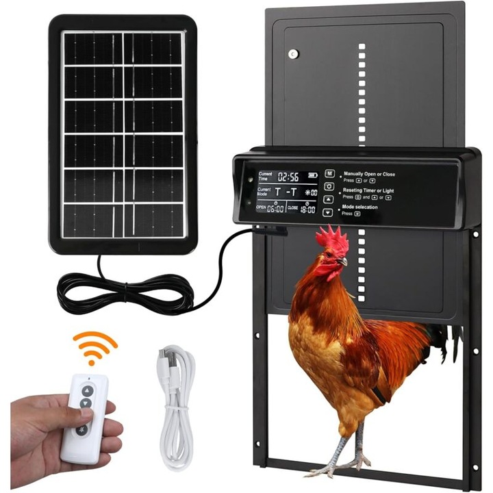 Usa automata pentru cotet de gaini cu alimentare solara, 4 moduri, display LED, rezistenta la apa, usor de instalat