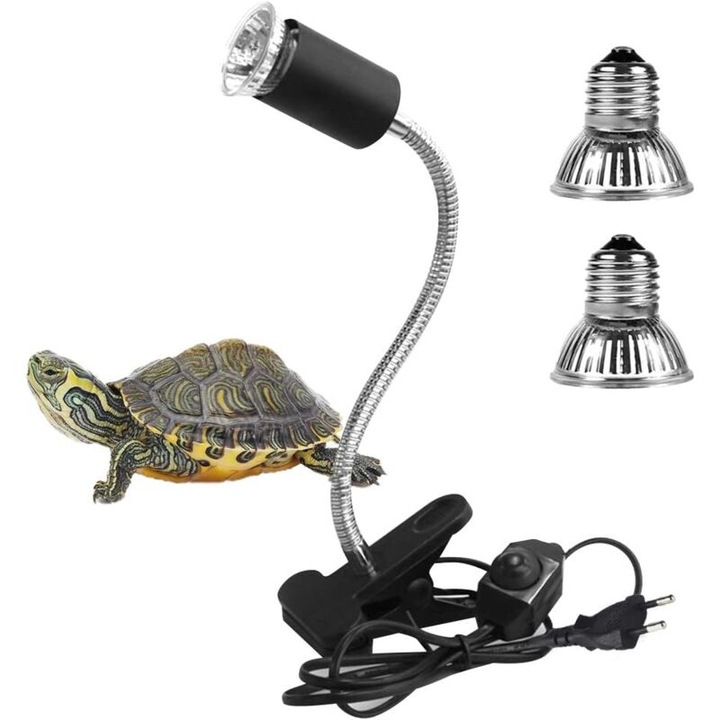 Lampa pentru reptile, 2 becuri UVA/UVB 25W si 50W, baza lunga, rotire 360°, neagra, 40x4.2cm