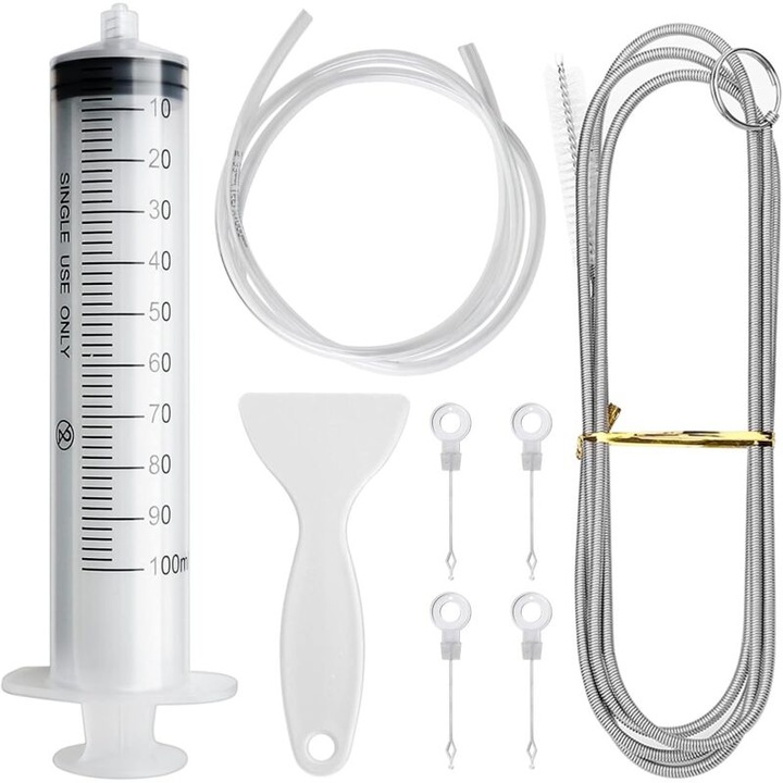 Set de unelte de curatare pentru frigider, 8 piese, perie flexibila, furtun PVC 1.55m, lingura de dezghetare, seringa 100ml, 4 dopuri pentru orificiul de scurgere