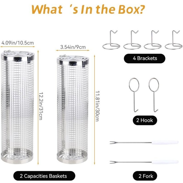 Cos de gratar rotativ, inox, 30 cm, usor de curatat, capacitate pentru peste, carne, legume