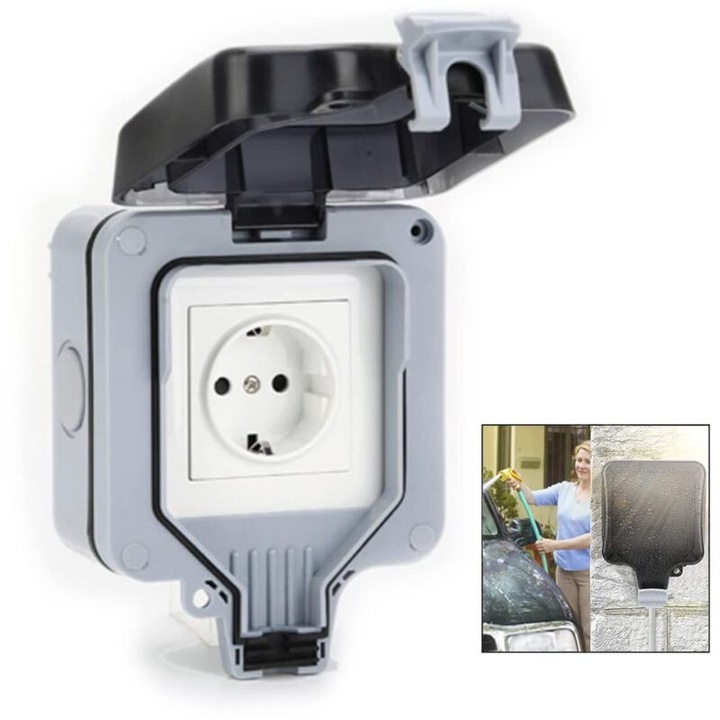 Priza exterioara impermeabila, 16A, IP66, cu capac de protectie, pentru gradini, bai, bucatarii, garaje, 220V-250V