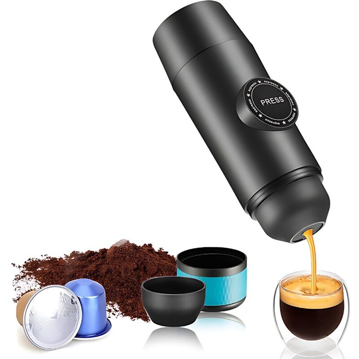 Espressor portabil, 2 in 1, capacitate 50-90ml, negru, din otel inoxidabil, pentru acasa si calatorii