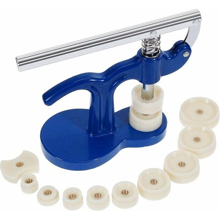 Set complet de unelte pentru repararea ceasurilor, 13 piese, presa pentru ceasuri si 12 piese de schimb, 18-50mm