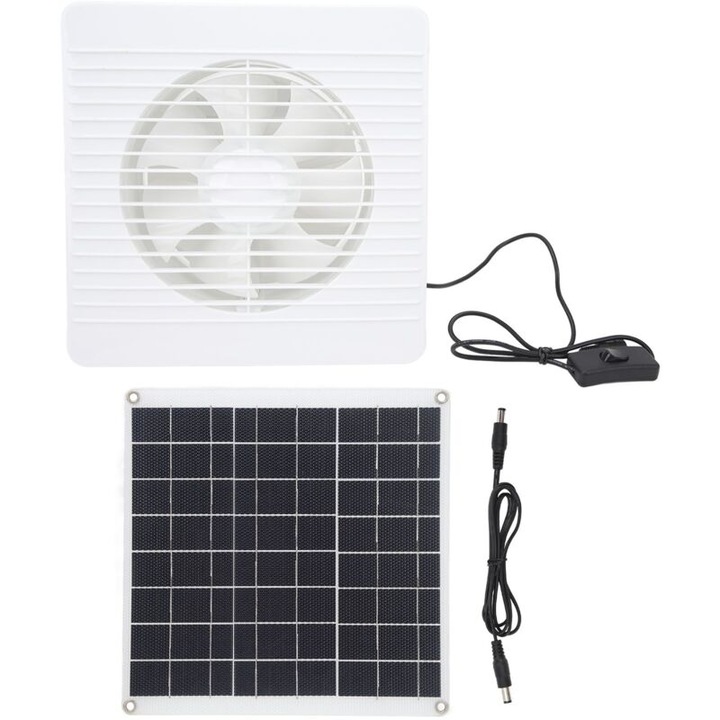 Ventilator solar, 15W, 6 palete, pentru sere si cotete, set cu panou solar si cablu de extensie, 8 inch