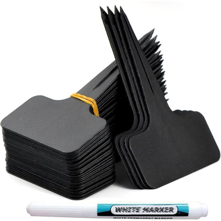 Set 100 etichete de gradina T-Type, marcaje plastice pentru plante, rezistente la apa, 10x6cm, negre