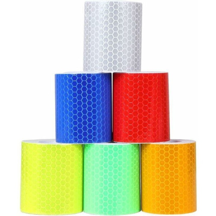 Set de 6 benzi adezive reflectorizante, 50mm x 3m, alb, galben fluorescent, rosu, albastru, verde, auriu