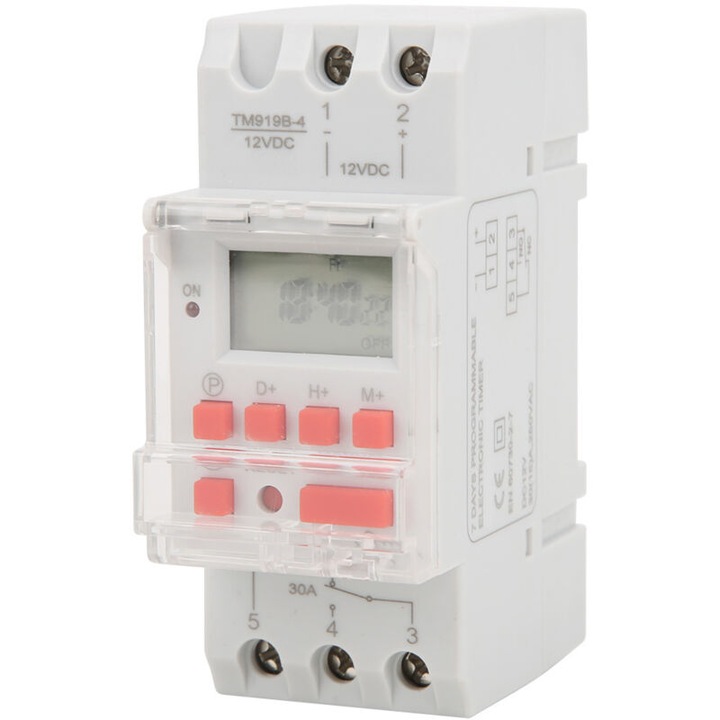 Comutator timer saptamanal 12V DC, 30A, LCD, functie de numaratoare inversa, 16 programe ON/OFF pe zi, set.