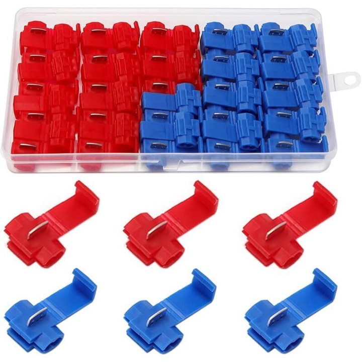 Set 50 buc. cleme electrice cu conectare rapida, 25 rosii, 25 albastre, dimensiuni variate