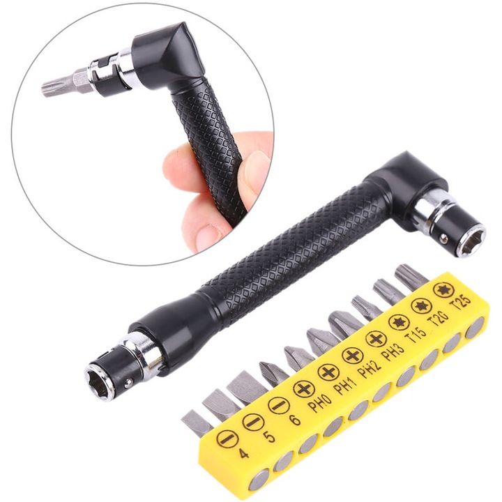 Cheie cu cap hexagonal L, 1/4", set 10 biti surubelnita, neagra, 10.5x3.2x1cm