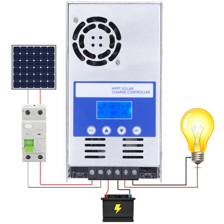 Regulator de incarcare solar MPPT 60A, 12V/24V/36V/48V, display LCD ajustabil, eficienta de conversie 98%, dimensiuni 214x115x50mm