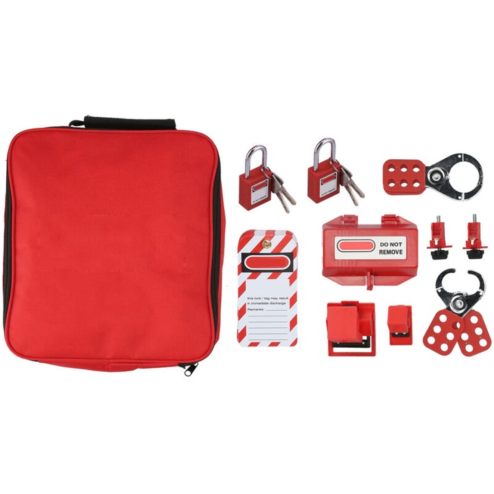 Set de blocare electrica, 10 etichete, 2 lacate, 2 blocari pentru intrerupatoare, 1 blocare pentru priza, cu geanta de depozitare
