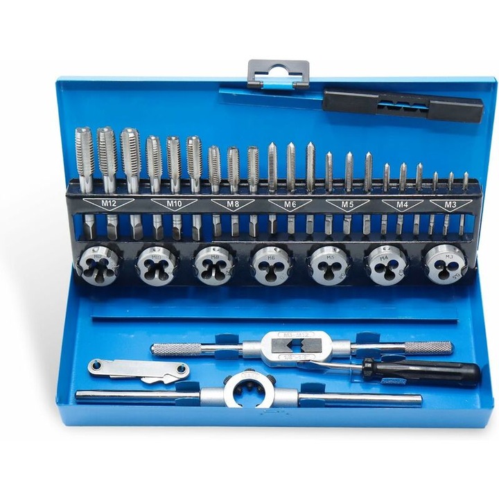 Set de unelte pentru filete, 32 piese, M3-M12, 21 tarozi, 7 matrite, 1 sablon pentru filete, 1 suport pentru matrite, 1 cheie ajustabila