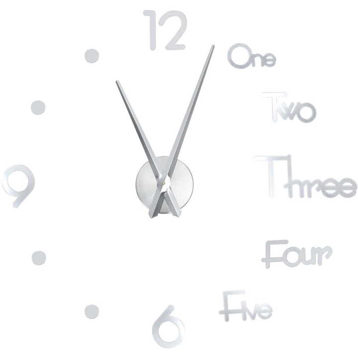 Keret nélküli dekoratív óra, tükör felület, ezüst, komplett készlet belső dekorációhoz