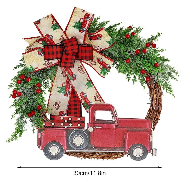 Coroana de Craciun cu camion rosu, decorare usa ferma, 30x30cm, toamna, Halloween, Thanksgiving