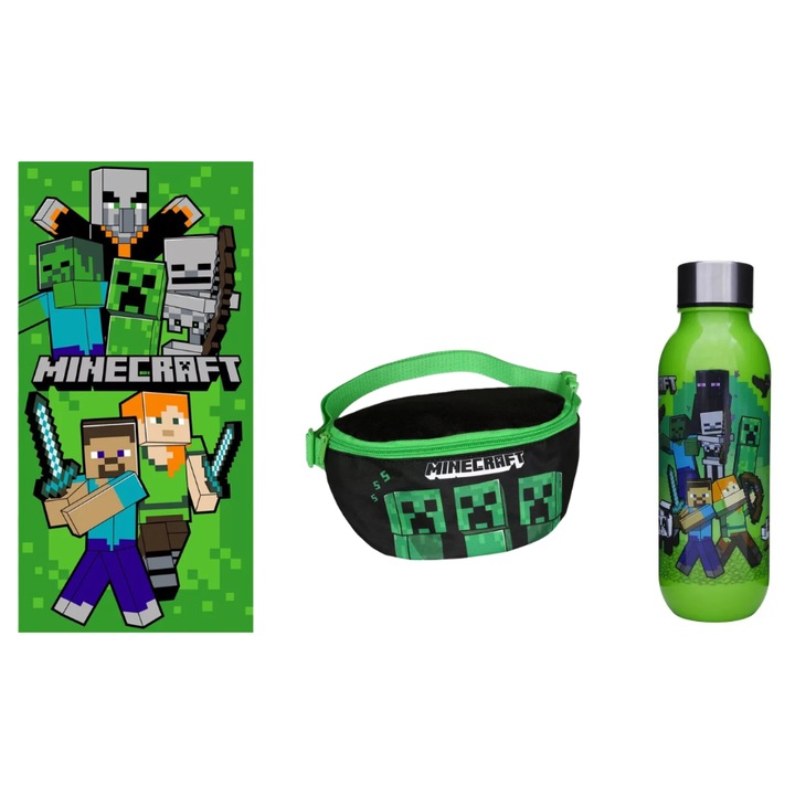 Set Minecraft pentru plajă, prosop 70x140 cm, borseta 22 cm, sticla de apă 640 ml