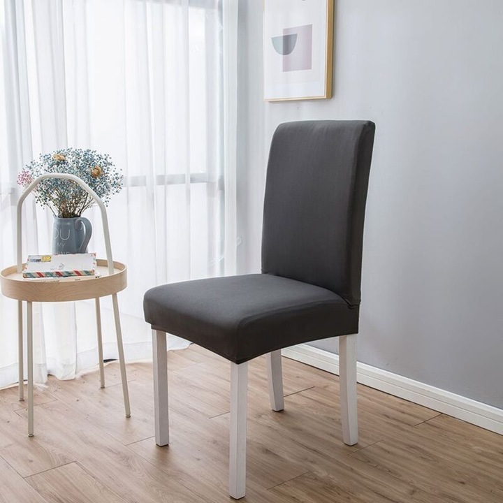 Комплект 6 калъфа за столове, еластичен полиестер, черен/сив, 40-50 см