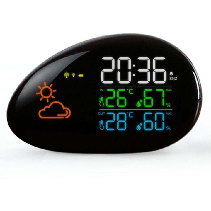 Statie meteorologica digitala, senzor exterior, display LED colorat, prognoza meteo, 15x39x76mm