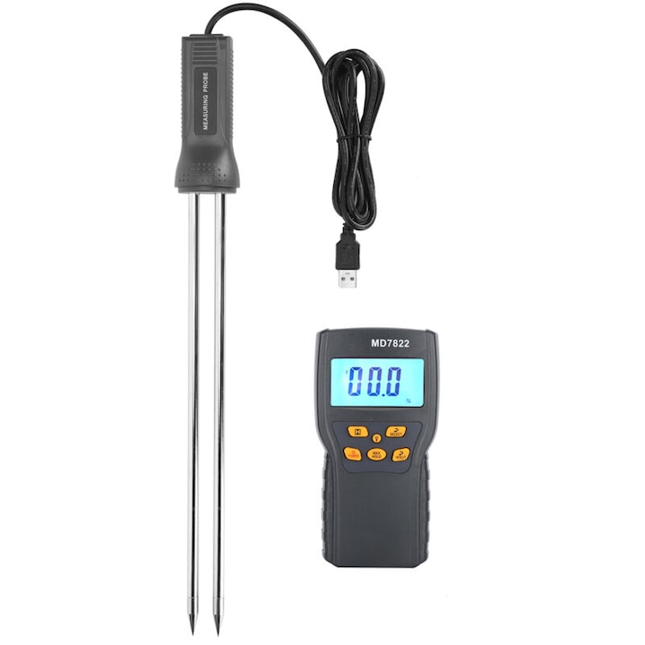 Tester de umiditate pentru cereale MD7822, sonda lunga cu USB, ecran LCD retroiluminat, negru, 1 buc
