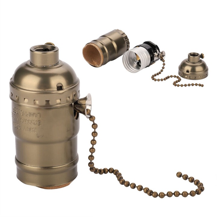 Suport lampa E27 cu lant de tragere, bronz, 8.5cm