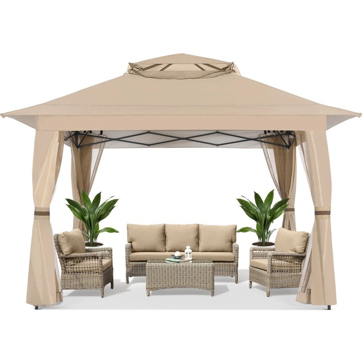 Foisor De Gradina, TOPSCAUNE®, 3.96x3.96 M, Foisor Exterior Cu Cadru Din Otel, Foisor De Gradina Cu Plasa Tantari Si Acoperis Dublu Impermeabil, Reglabil 3 Trepte, Pentru Curte, Terasa, Gazon, Design Elegant, Structura Solida, Bej