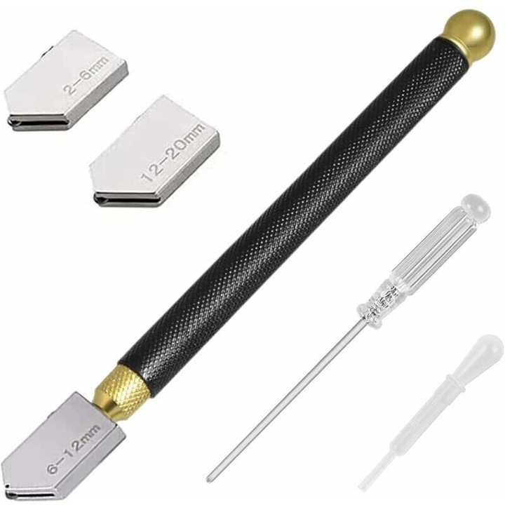 Cutter de sticla profesional, design tip creion, taiere 2-20 mm, negru si auriu, set complet cu 3 capete de taiere