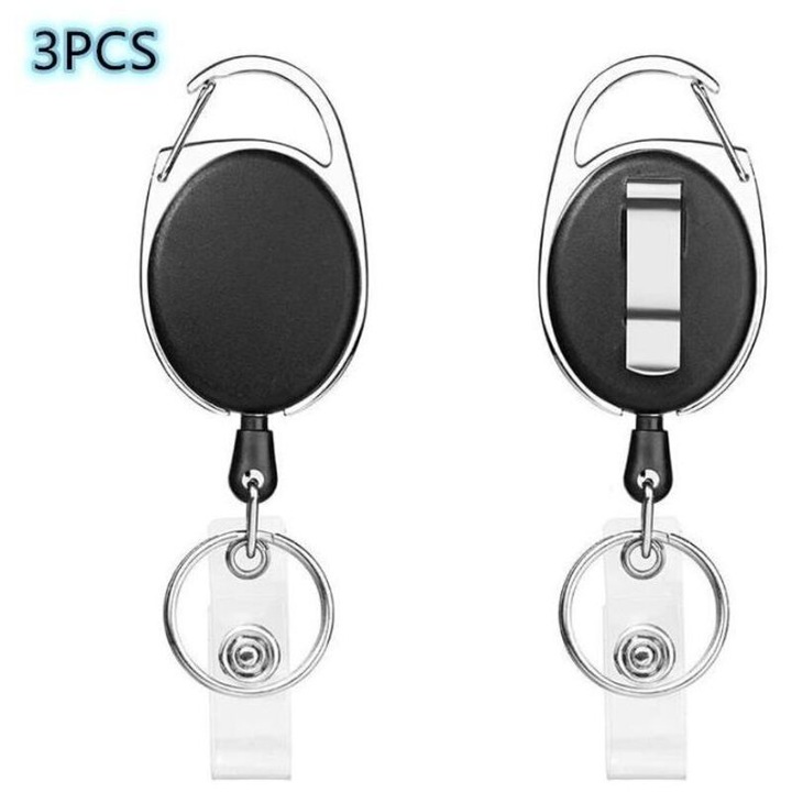 Breloc retractabil, 10.7x3.2x1.4cm, fir de nylon, clip metalic, pentru carduri de identificare, set