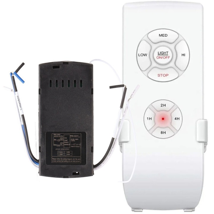 Kit telecomanda pentru ventilator de tavan, 3 viteze, control lumina, dimensiuni 13.6x4.5x1.8cm, 11.5x5.4x2.6cm