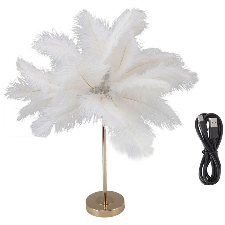 Veioza cu pene de strut, 3 culori, baza metalica aurie, 52x11cm, incarcare USB