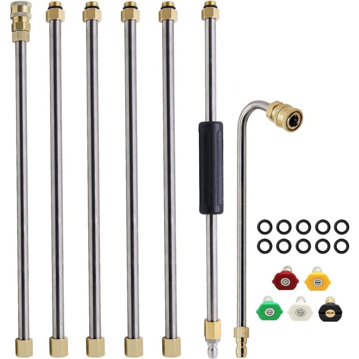 Set accesorii pentru aparat de spalat cu presiune, 7 piese, 5 duze, lungime 38cm, argintiu