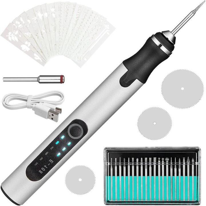 Vezeték nélküli gravírozó toll, 20 fúrófej, 16 sablon, 3 vágókorong, 12 cm, többszínű