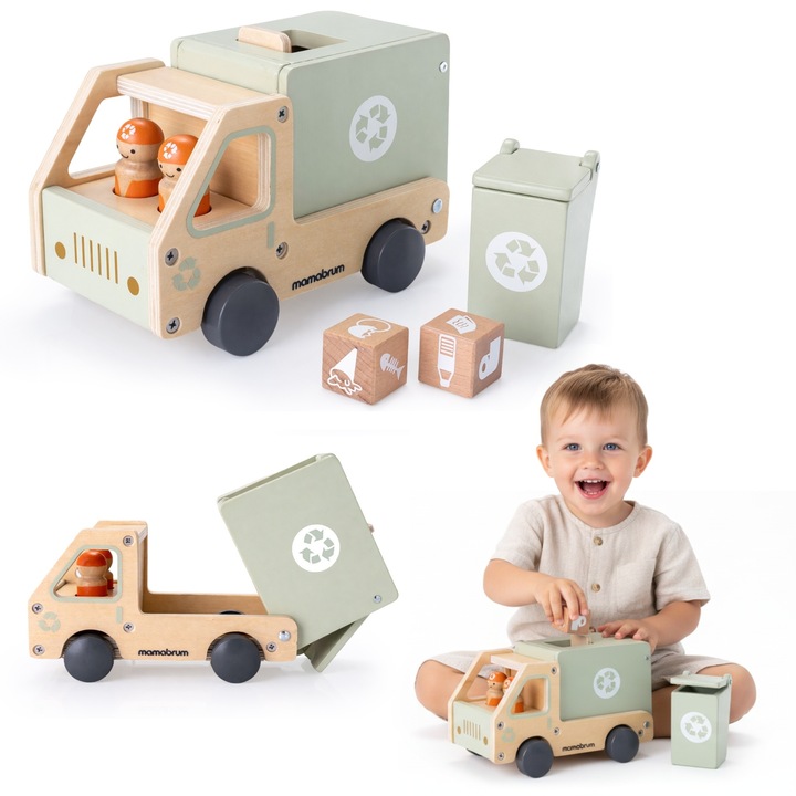 Masina de gunoi din lemn Mamabrum cu accesorii, camion reciclare, sortare deseuri, jucarie educativa