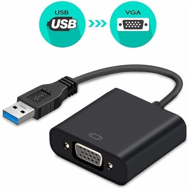 Adaptor USB 3.0 la VGA, cablu extern, rezolutie 1920x1080, compact, negru