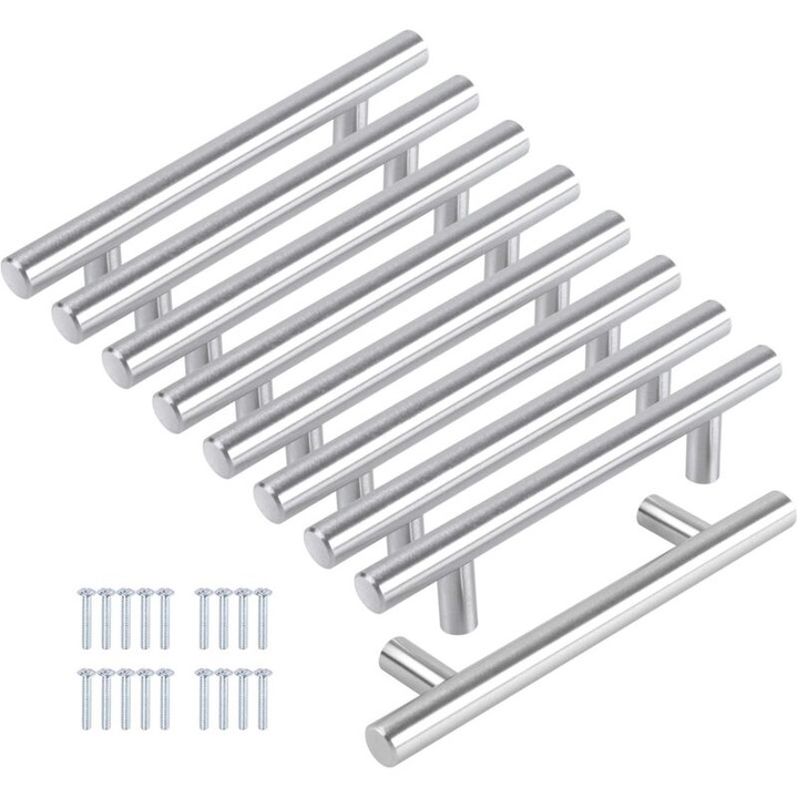 Set de 8 manere din otel inoxidabil argintii pentru mobila, 128mm distanta gauri, 32mm latime, 200mm lungime
