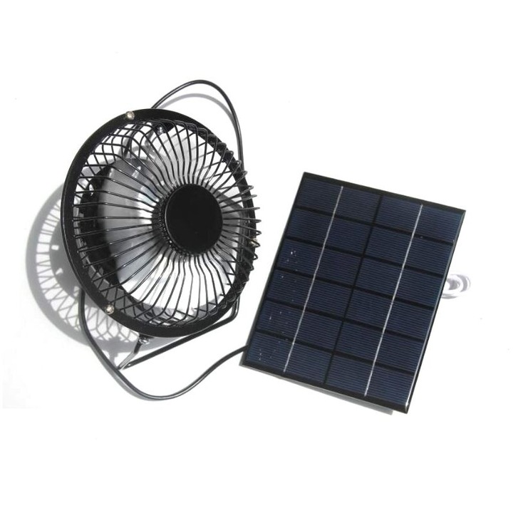 Ventilator solar USB, set cu panou solar, 4 inch, metal, 5V, pentru interior si exterior