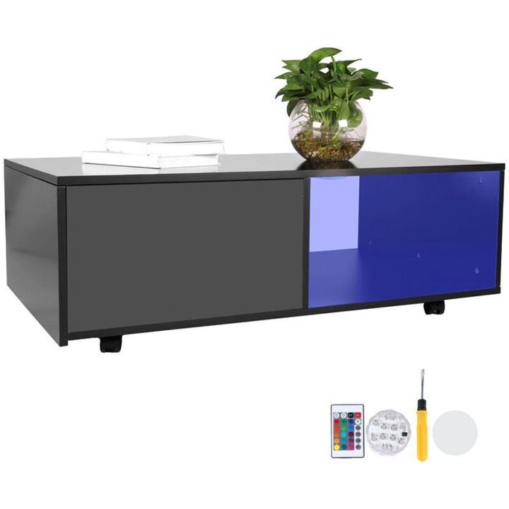 Masa de cafea moderna cu LED, capacitate 50kg, 95x55x33.5 cm, iluminare multicolora, cu telecomanda