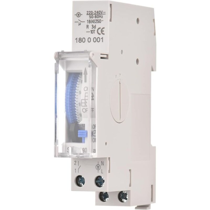 Timer mecanic zilnic, control electric 220V-240V, programare 15 minute-24 ore, montare pe sina DIN