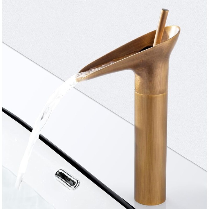 Baterie sanitara retro din alama, cu efect de cascada, finisaj din alama periata, inaltime duza 200mm, montare pe un singur orificiu