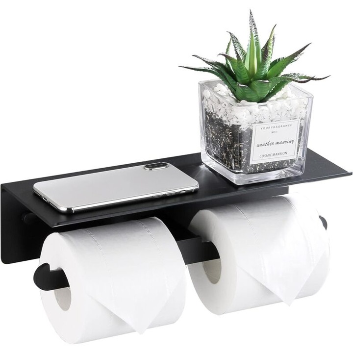 Suport de hartie igienica montat pe perete, suport dublu cu platforma de depozitare, fara gaurire, protectie la margine, sistem anti-cadere, aluminiu, negru