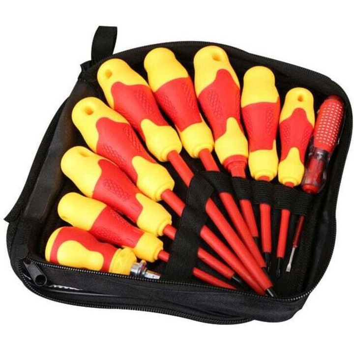 Set de surubelnite izolate 10 piese 1000V, cu capete Phillips si fante, manere ergonomice, cu geanta de transport