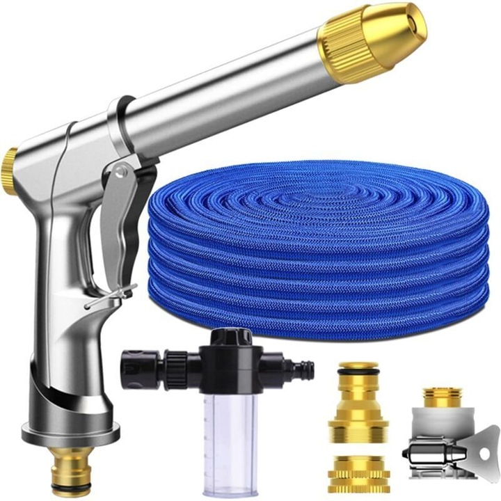 Kihúzható kerti tömlő 30m, 5 permetezési funkció, sárgaréz kiegészítők, kopásálló, kompakt