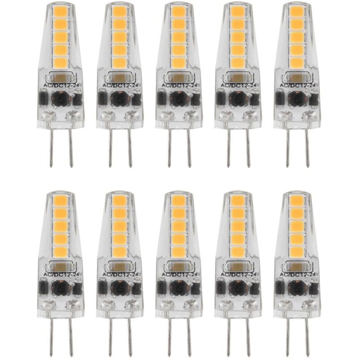 Set 10 becuri LED G4, 2W, 3000K, lumina calda, dimabil, 3.7x1cm