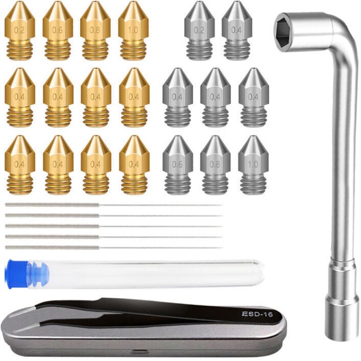 Set 29 piese accesorii imprimare 3D, duze din alama si otel inoxidabil, diverse dimensiuni