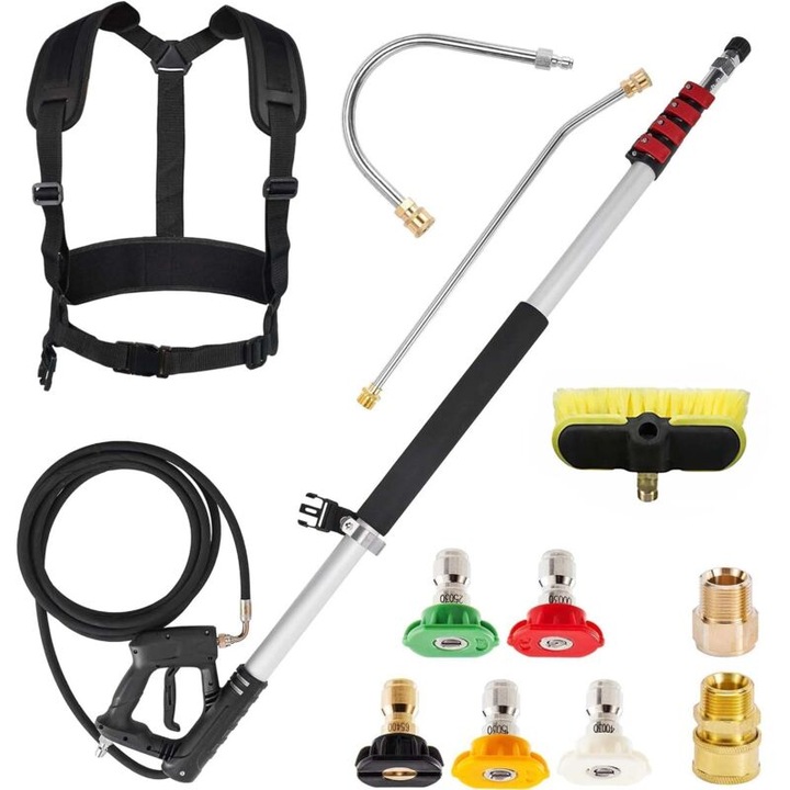 Bara telescopica pentru aparat de spalat cu presiune, 6m, 2 extensii, 5 duze, 2 cuple, curea de suport pentru curatarea acoperisurilor