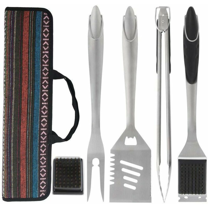 Set ustensile gratar, 5 piese, inox, cu geanta de depozitare