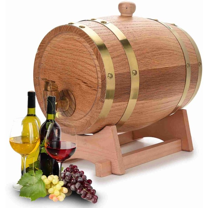 Butoi de vin din stejar, 3L, cu suport, dispenser pentru bauturi